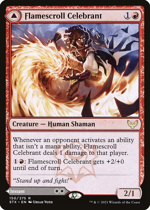 Flamescroll Celebrant // Revel in Silence | STX #150 | Nonfoil | English, catalog image