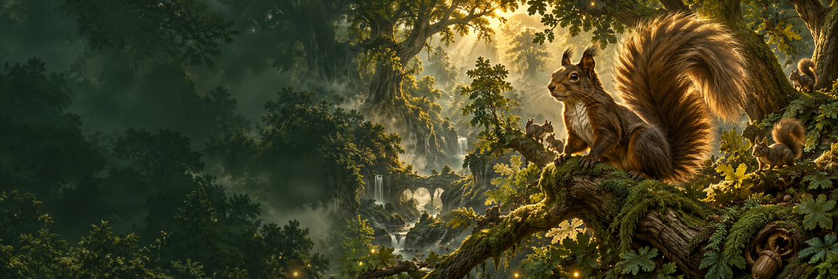 Squirrels perched in an ancient woodland canopy, with golden light through deep green leaves.